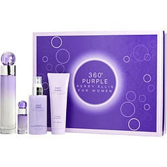 Perry Ellis 360 Purple Eau De Parfum Spray 3.4 oz & Body Mist 4 oz & Shower Gel 3 oz & Eau De Parfum 0.25 oz Mini