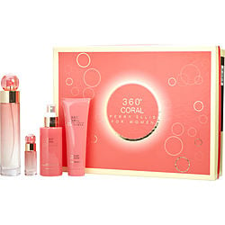 Perry Ellis 360 Coral Eau De Parfum Spray 3.4 oz & Body Mist 4 oz & Shower Gel 3 oz & Eau De Parfum Spray 0.25 oz Mini