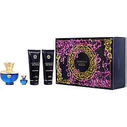 Versace Dylan Blue Eau De Parfum Spray 3.4 oz & Body Lotion 3.4 oz & Shower Gel 3.4 oz & Eau De Parfum 0.17 oz Mini