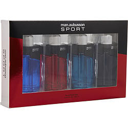 Aubusson Variety 4 Piece Mens Mini Variety With Sport Blue & Sport Red & Sport Aqua & Sport Black & All Are Edt Spray 0.5 oz